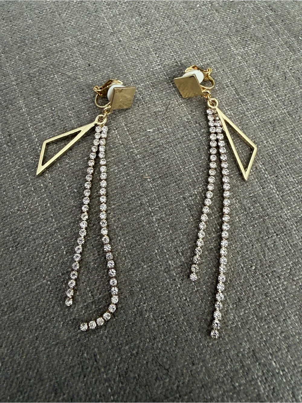 Gold Tone Geometric Rhinestone Tassel Clip-On Earrings